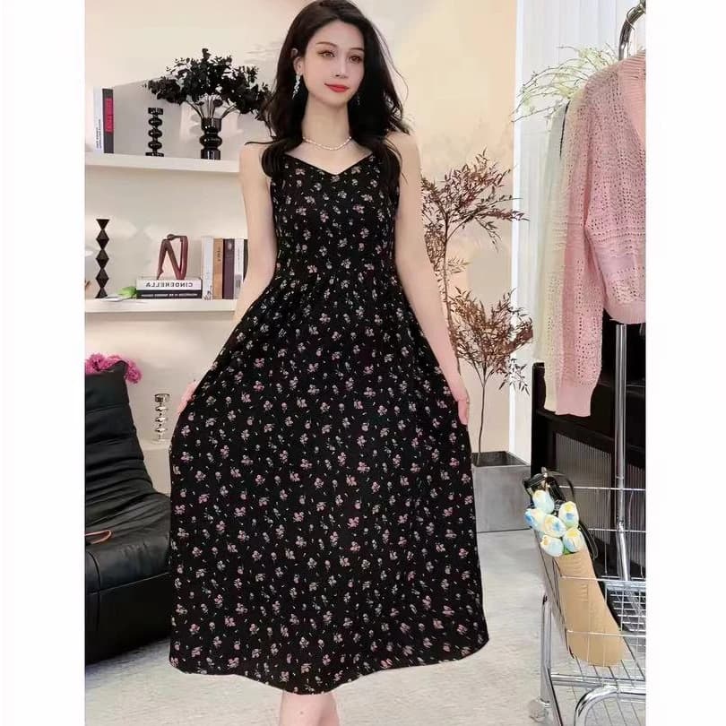 Black Floral Print Halter Dress Women's Fashion Summer New Miniature Hepburn Long Skirt A-Line Midi Dress without Sleeve