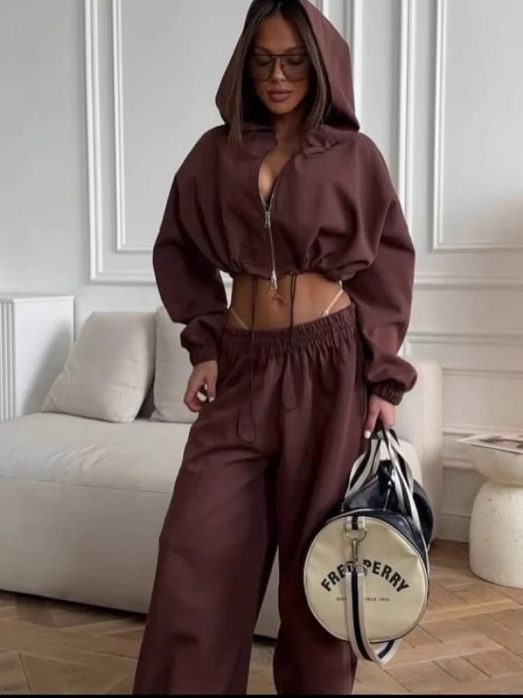 Elastic waist trousers with belt and casual long hood in pure color Set from two pieces Sports clothing for women's leisure Spring 2025 Hinge C...