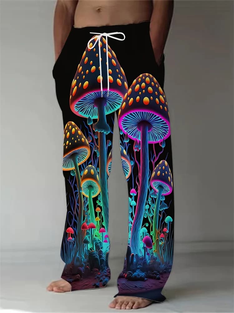 Pantaloni lunghi da uomo autunnali stampati in 3D per banchetti con funghi luminosi, pantaloni a gamba dritta da uomo alla moda indispensabili per i trendsetters
