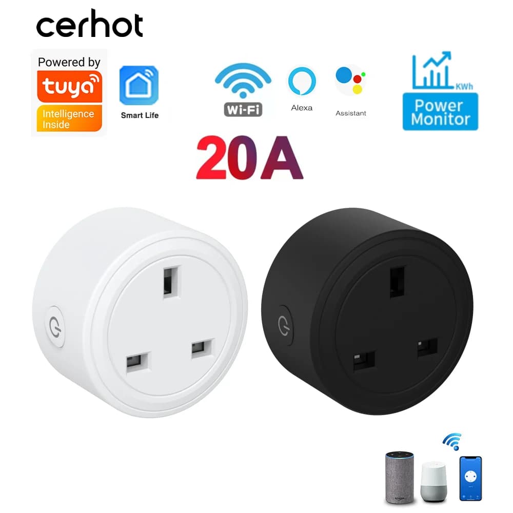 Presa Intelligente WiFi Cerhot Tuya con Adattatore UK a 3 Pin, Controllo Vocale Alexa, Monitoraggio Energetico e Funzione Timer