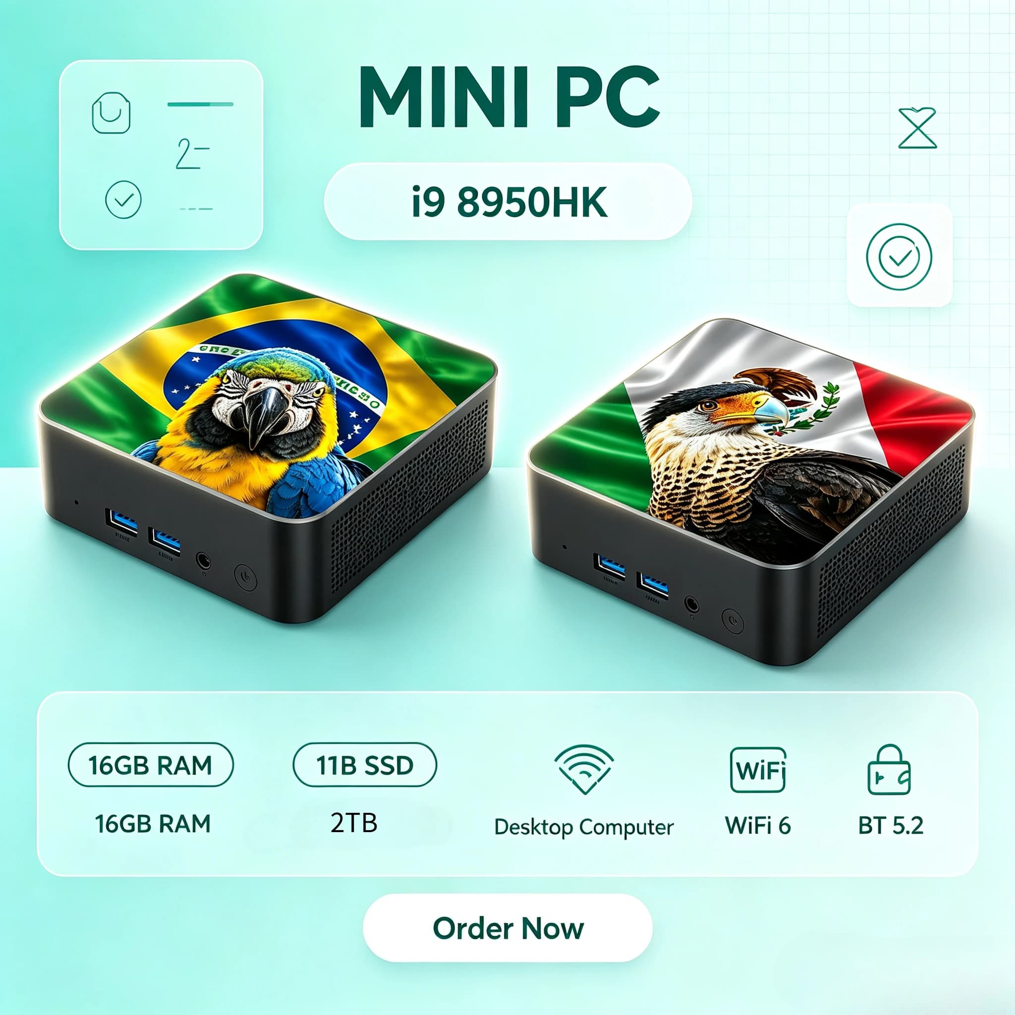 Mini PC Core i9-8950HK 16GB RAM 2TB SSD 4K UHD Outputs Portable High-Performance Desktops for Gaming New Mexico Brazil Flag