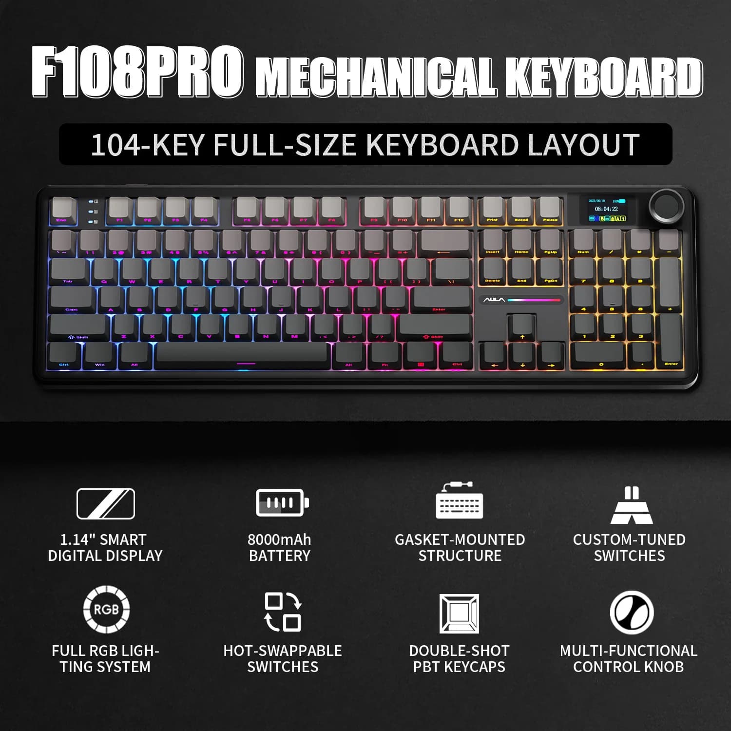AULA F108 PRO/F108 Mechanical Keyboard 100% custom RGB Retro Lighting Keyboard with Hifi Bluetooth Wireless Switch