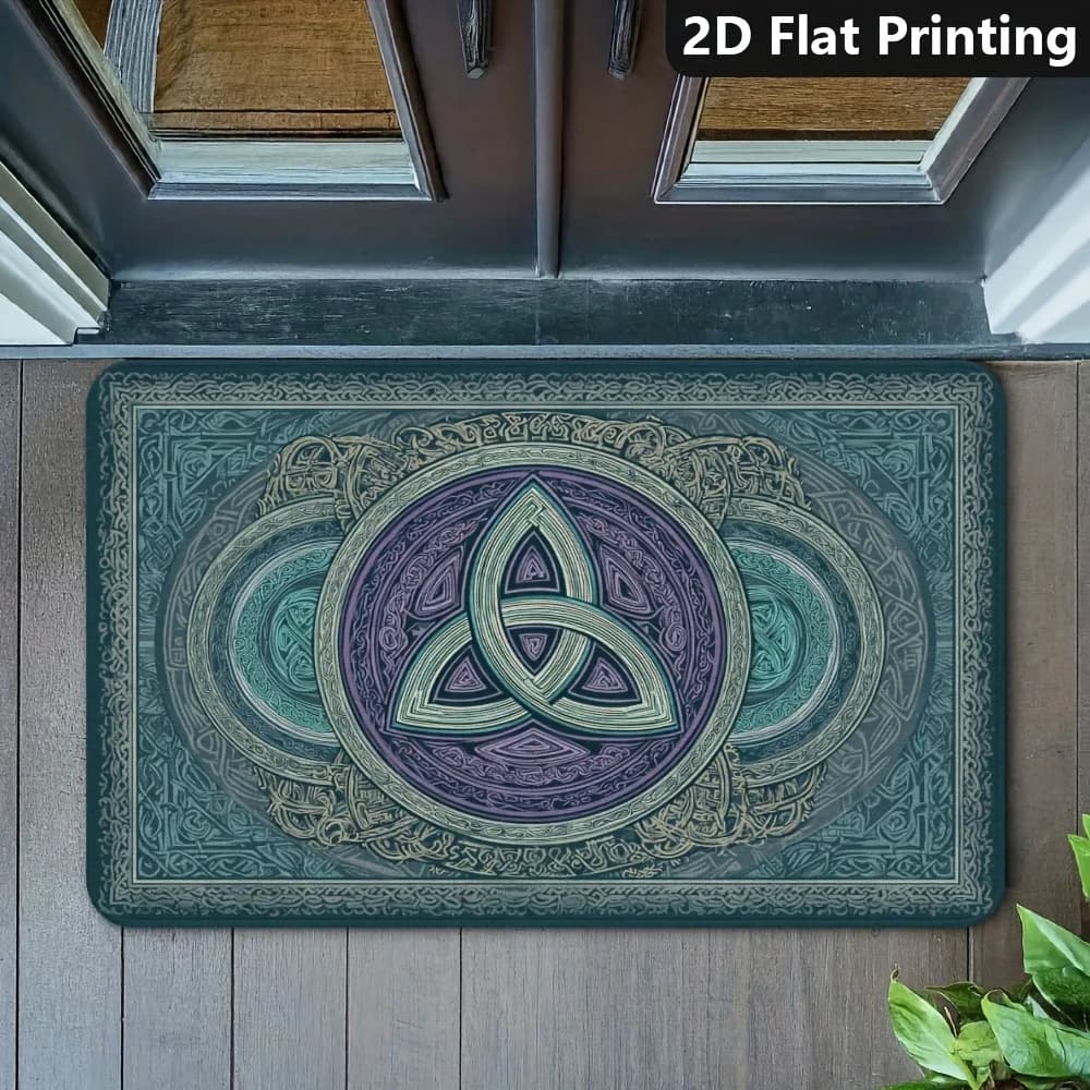 2D Flat Celtic Triquetra Knot Mandala Teal Flannel Door Mat Non Slip Spiritual Decor Rug For Entryway Yoga Floor