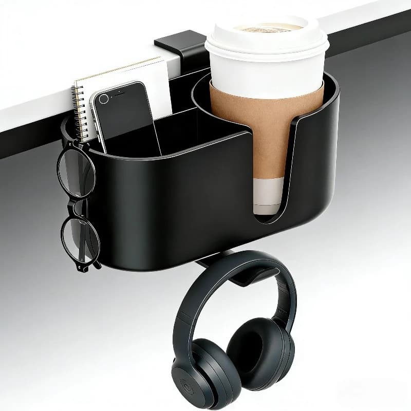 3 in 1 Desk Headphone Hanger Clamp on Under Desk Cup Holder 360°Rotating Headphone Holder Detachable Pen Cup Holder Desk Storage