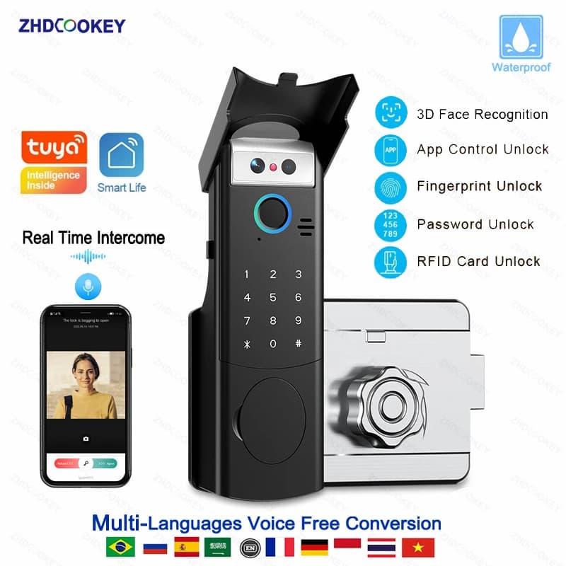 Esterno impermeabile Tuya Smart Life APP Controllo Impronte digitali Password Scheda RFID Citofono in tempo reale Riconoscimento facciale 3D Smart Lock