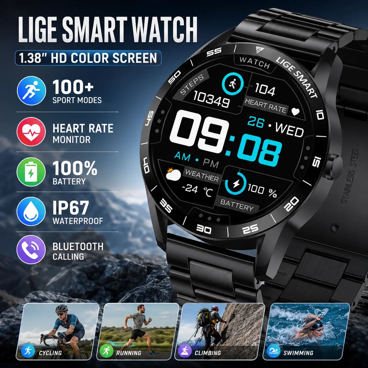 LIGE New Men's Smart Watch 1.38'' Smart Watch 100+ Sports Mode Man Watches Bluetooth Call Smartwatch For Holiday Birthday Gifts