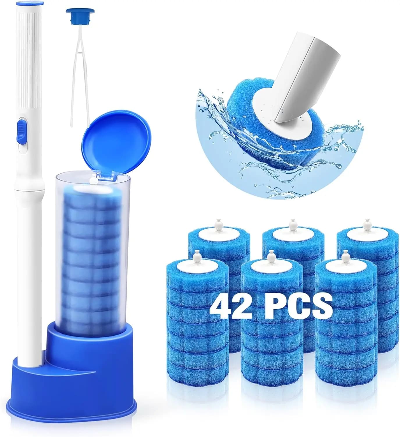 Set Spazzola per WC Usa e Getta con Pinzette, 42 Ricariche, Supporto per Spazzola, Kit Pulizia Bagno per Lavandino, Vasca e Scarico (Blu)