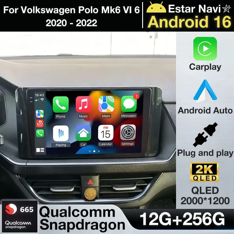 Autoradio Android 16 Carplay per Volkswagen Polo Mk6 VI 6 2020 - 2022 Lettore Multimediale Video Navigazione Stereo GPS Senza DVD 2Din