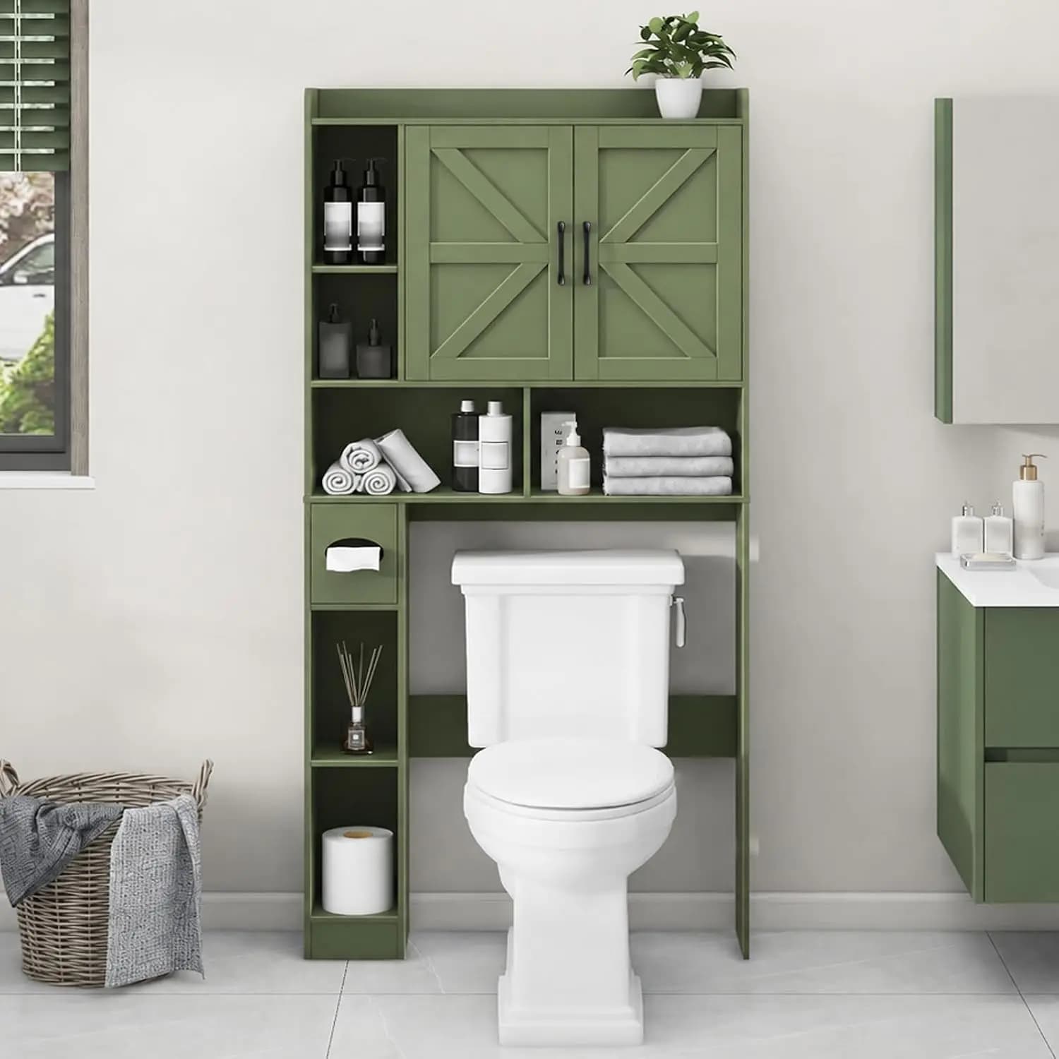 Over The Toilet Storage Cabinet, Farmhouse Storage Cabinet Over Toilet with 2 Barn Doors & Toilet Paper Holder Stand, Customized
