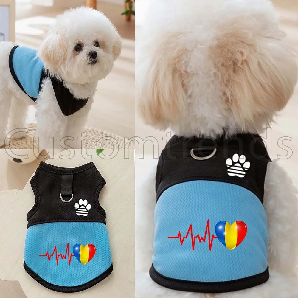 HEARTBEAT ROMANIA FLAG Gilet in rete traspirante per cani e gatti, tipo pettorina/camicia, con stampa zampa e anello a D per guinzaglio, per primavera/estate