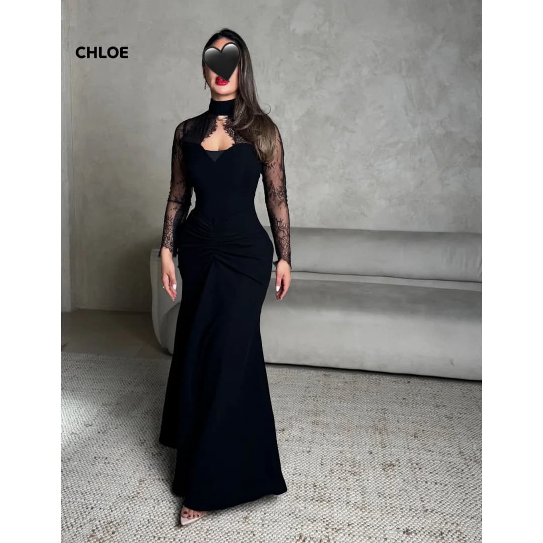 Long Sleeves Women's Ball Gown Customized Evening Dresses Woman Elegant Cocktail Dresses for Special Occasions Round Neck Black