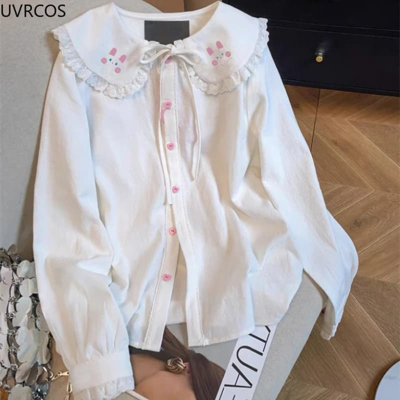 Camicia bianca stile preppy giapponese Donna Kawaii Bunny Ricamo in pizzo Colletto alla Peter Pan Camicetta Lolita Dolce allentato Blusas Mujer Top