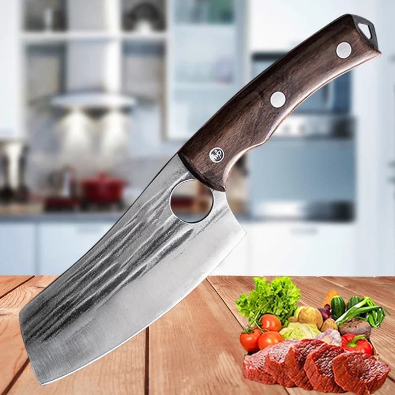 Mannaia forgiata Coltello da chef da cucina Acciaio rivestito ad alto tenore di carbonio Carne Pesce Frutta Verdura Coltello da macellaio professionale con coperchio