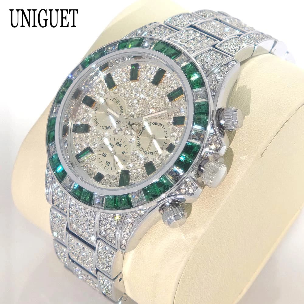 Fashion Hot Green Men's Watches Brand UNIGUET Luxury Stainless Steel Hip Hop Rainbow Diamond Wrist Watch Men's Dropshipping