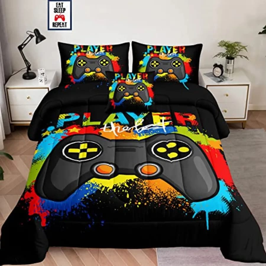 Set di Biancheria da Letto per Gaming 6 Pezzi, Set Copripiumino per Ragazzi Gamer con Lenzuolo Piatto, Lenzuolo con Angoli, Federe e Copricuscini