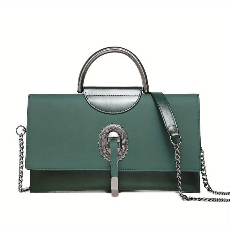 Green Top Handle Handbag for Women, Metal Lock Satchel Purse with Chain Crossbody Strap, Elegant Office & Party Shoulder Bag