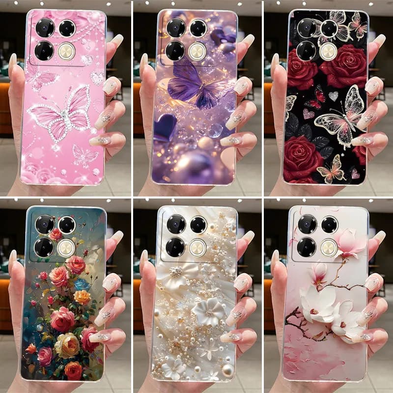 Per Infinix Note 40 Pro Custodia per Infinix Note40 Pro + Plus 40s 5G 4G Custodia per telefono Moda Farfalla Fiore Trasparente Cover posteriore morbida