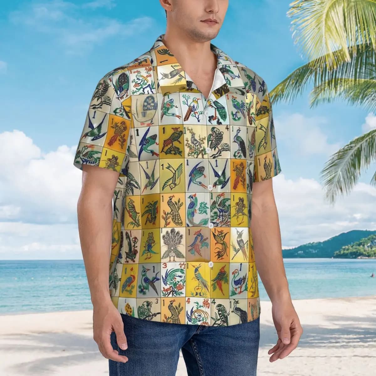 Mah Jongg Birds Mahjong Tiles Camicie hawaiane Camicia a maniche corte da uomo alla moda per top con risvolto da uomo da spiaggia estiva