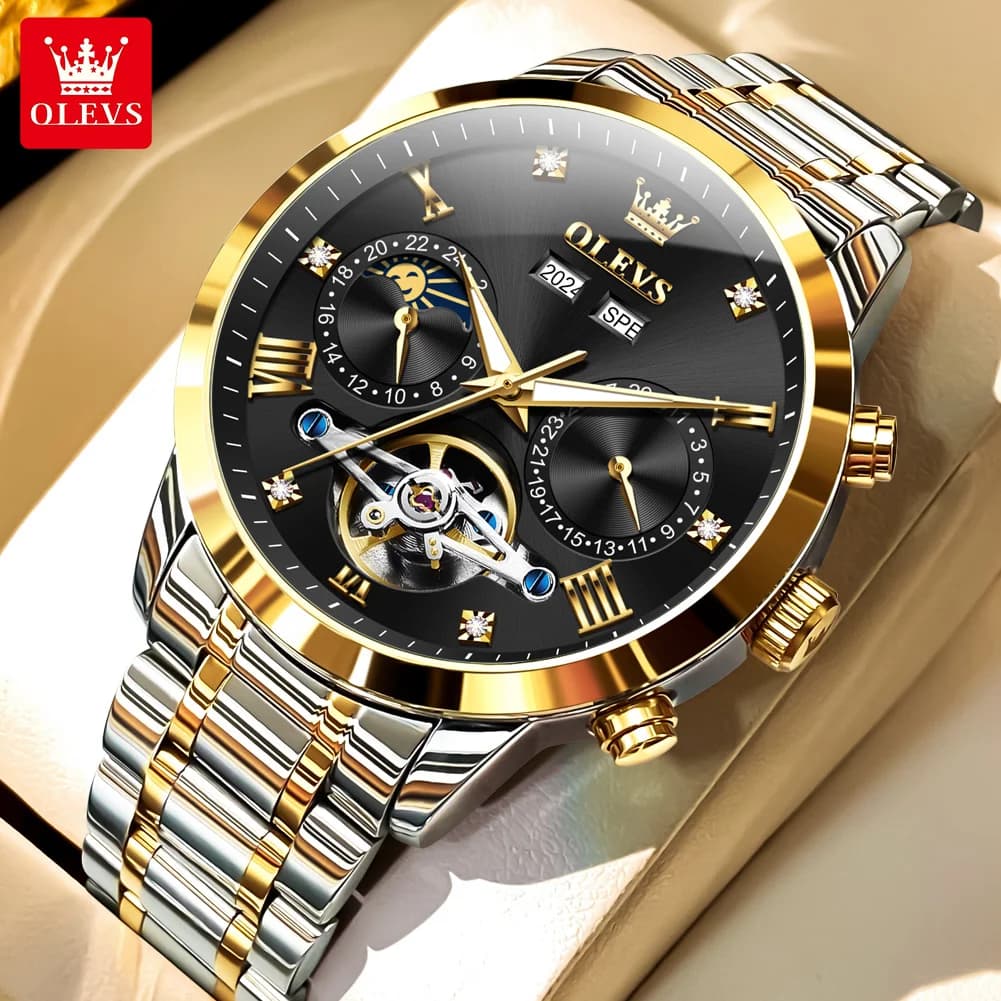 OLEVS 7029 Orologio da uomo Orologio meccanico automatico Scava fuori Volano Calendario Impermeabile Luminoso Fasi lunari Orologio da uomo Reloj