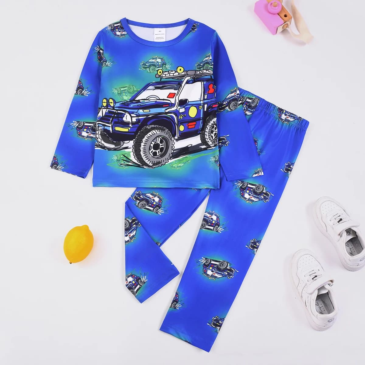 Milk Silk Cartoon Mountain Car Boy long-sleeved and long Pants pajama set, suitable for boys aged 3 to 8