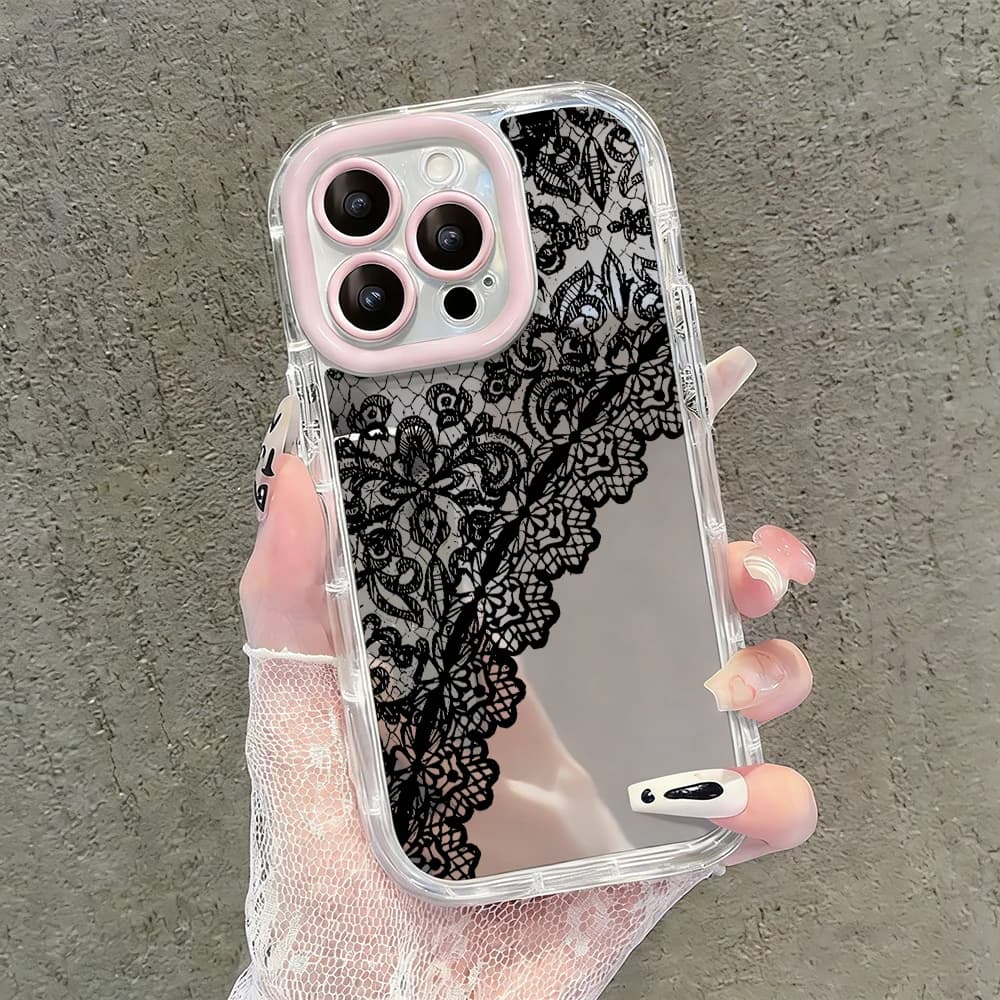 Custodia Protettiva Posteriore a Specchio Nera con Motivo in Pizzo Sexy per iPhone 17 Air 16 Pro Max 17 15 14 13 12 11 7 8 Plus XS XR