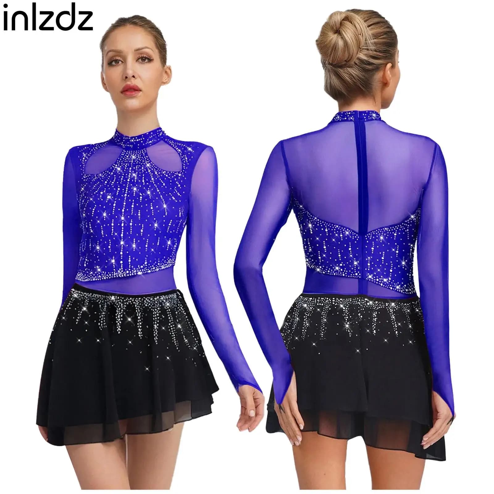 Abito da Danza Lirica per Donna, Body per Pattinaggio Artistico, Abbigliamento per Danza Moderna, Vestito a Maniche Lunghe con Strass e Gonna in Chiffon