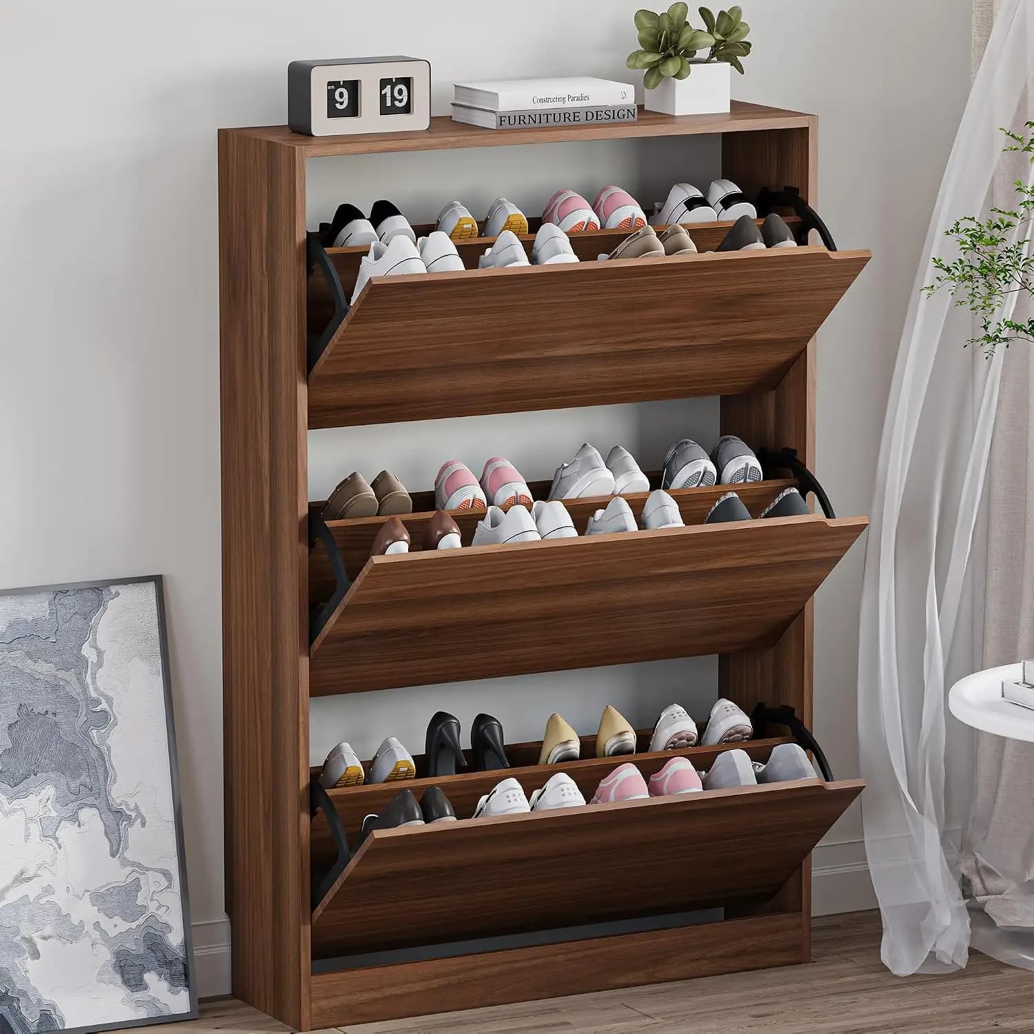 Shoe Cabinet with 3 Flip Drawers, Slim Narrow Storage Organizer, Freestanding with Adjustable Shelves, Top Display Shelf for Entryway Hallway