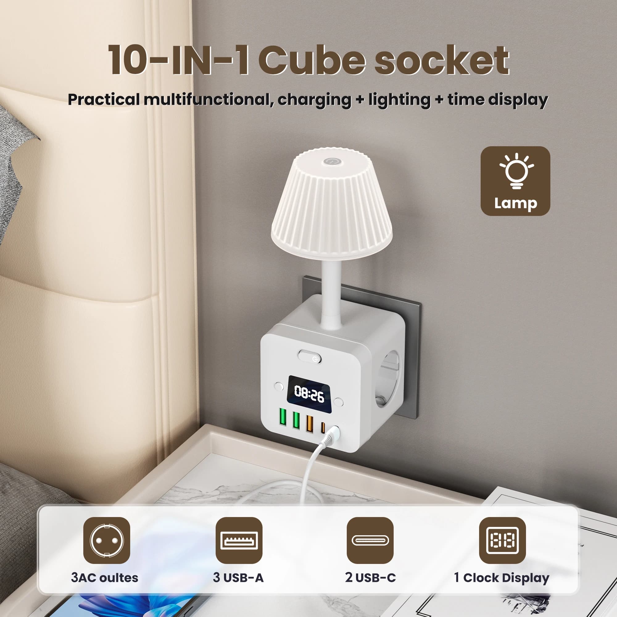 Multipresa orologio a 3 uscite con presa per luce notturna regolabile, protezione contro le sovratensioni, interruttore, 3 porte USB-A e 2 USB-C per la casa