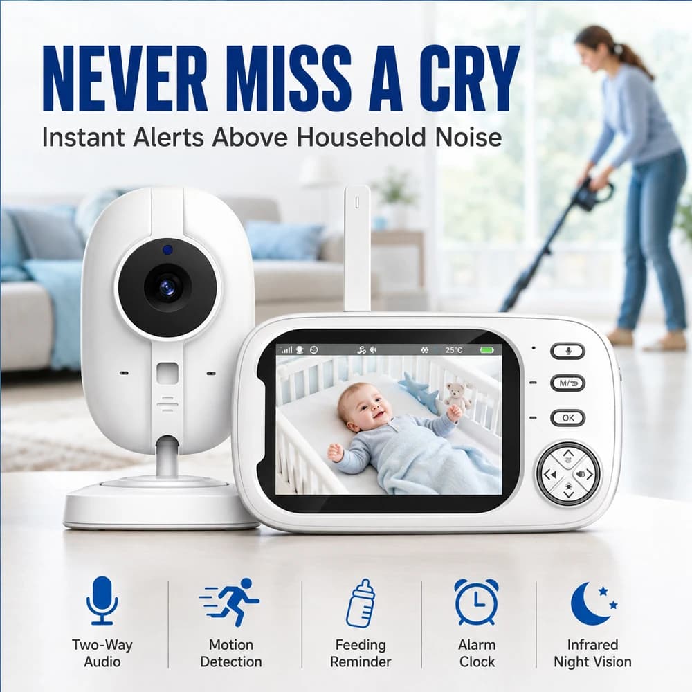 3.5 Inch Color LCD Baby Monitor 720P IR Night Vision Two‑Way Audio Temperature Detect Feeding Reminder Baby Camera