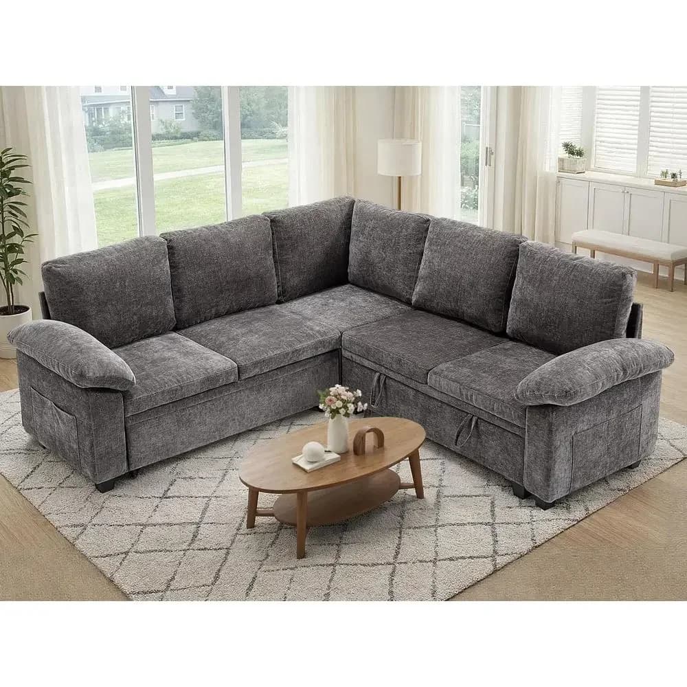 85 Sectional Sofa Bed with Storage, L-Shaped Pull-Out Couch, Removable Chenille Cover (Grey, 5 Seats)