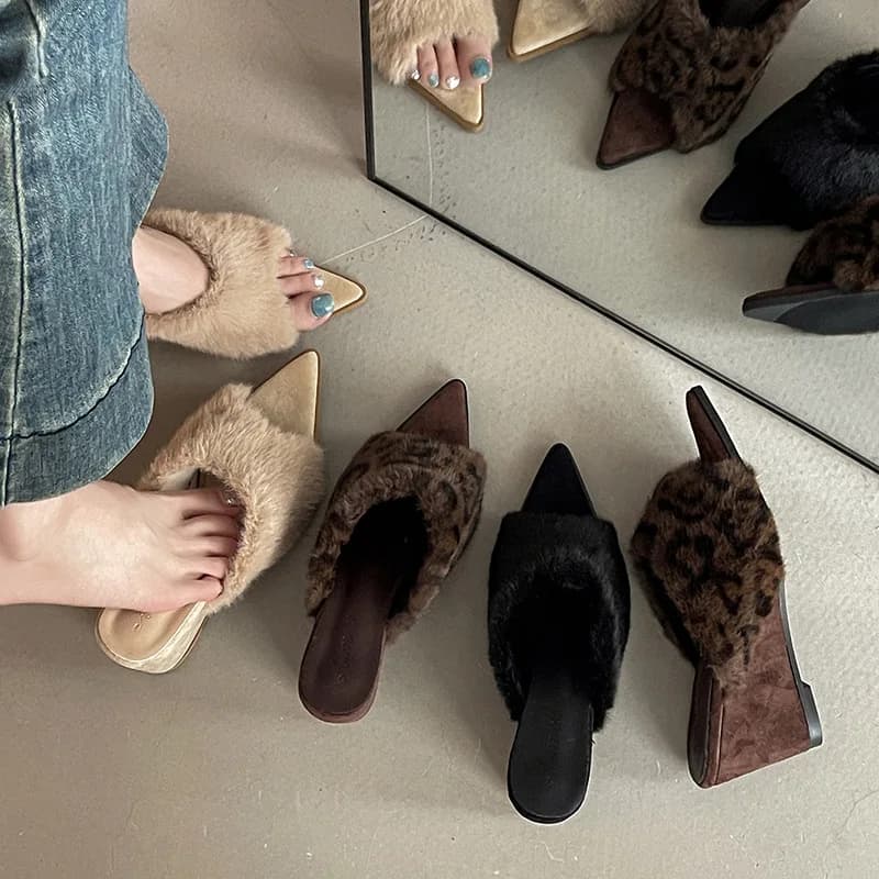Women's Fluffy Slippers French Style Temperament Pointed Slope Heel One-word Slippers Winter Plush Womens Slippers Zapatos Mujer