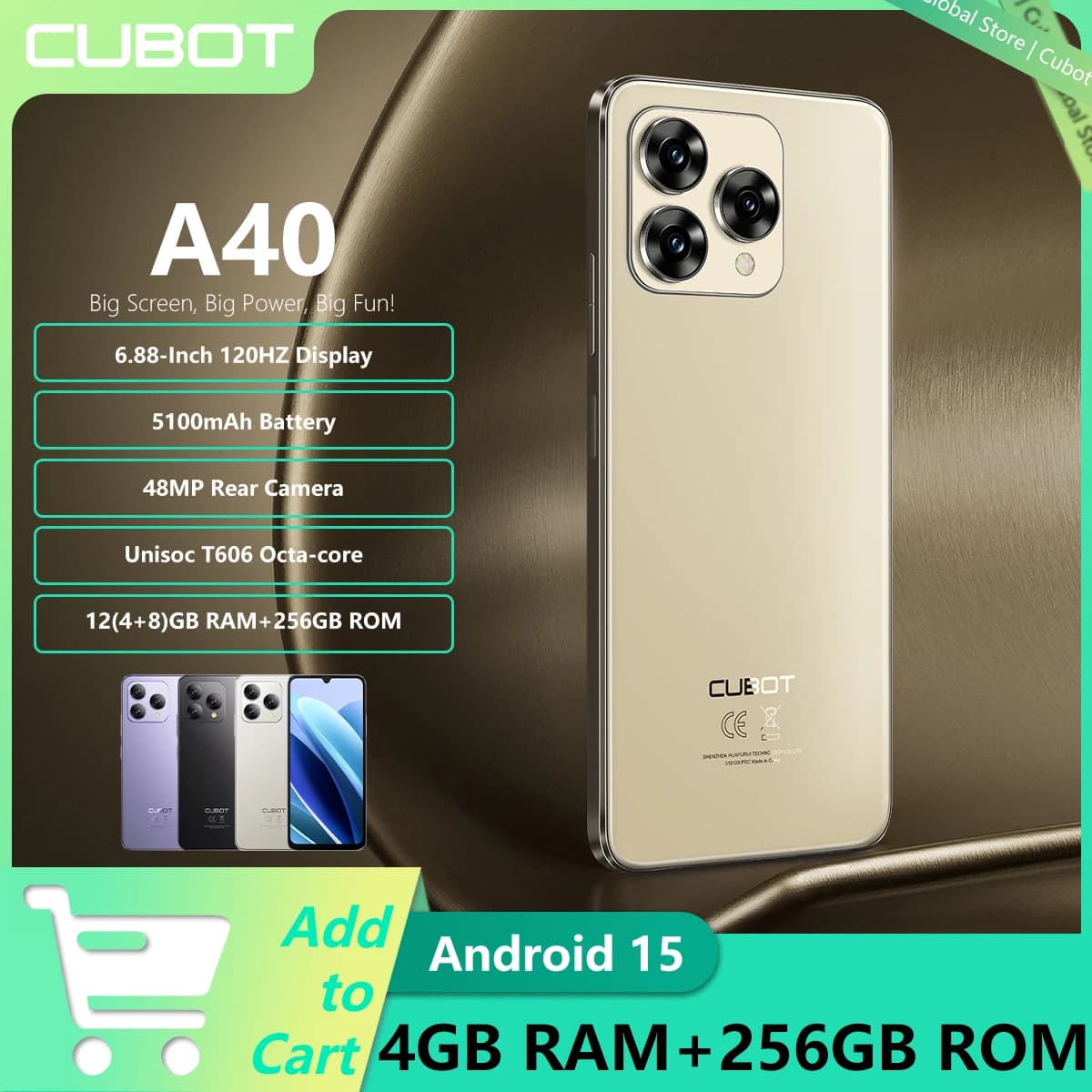 Cubot A40 Smartphone Schermo da 6,88 pollici 120 Hz Telecamera posteriore da 48 MP 12 (4 + 8) GB RAM + 256 GB ROM Unisoc T606 4G 5100 mAh Android 15 Telefono NFC