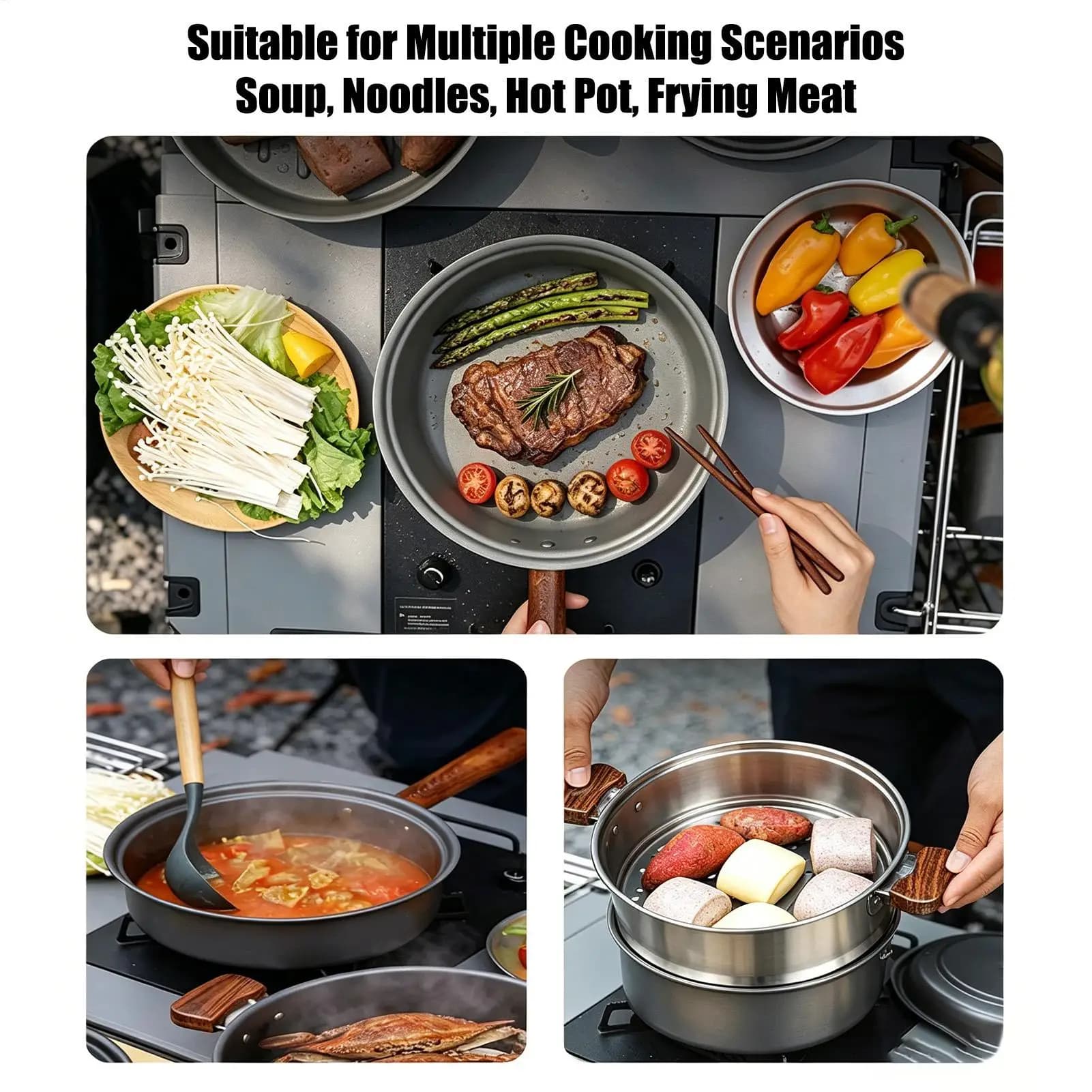 Padella da campeggio portatile leggera con manico in legno, pentola da campeggio con vaporiera per 2-3 persone, ideale per picnic, escursioni e backpacking