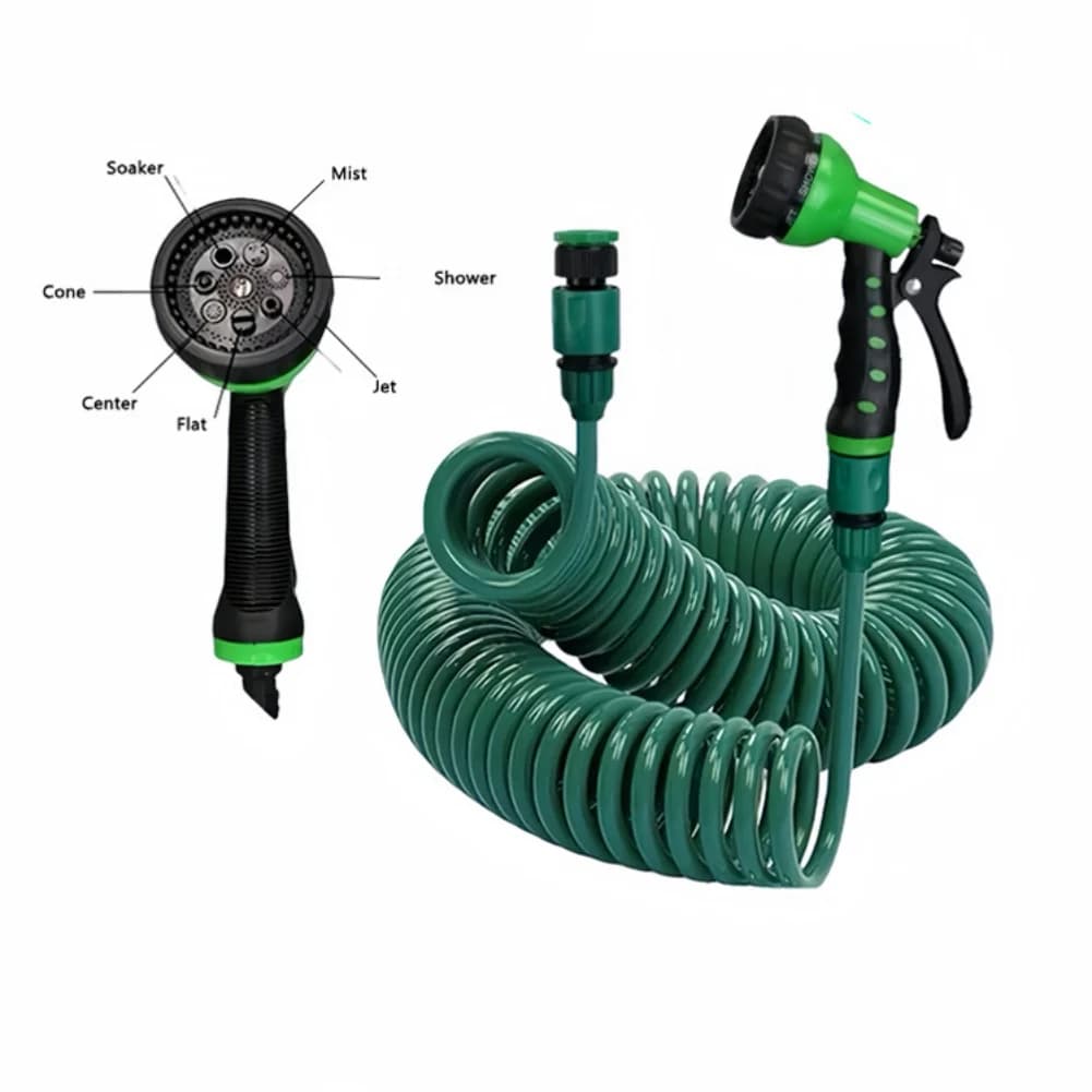 Tubo da Giardino Retrattile 7.5/15/30 Metri con Spruzzatore Multimodale, Tubo Acqua Portatile Leggero a Spirale per Giardinaggio Esterno