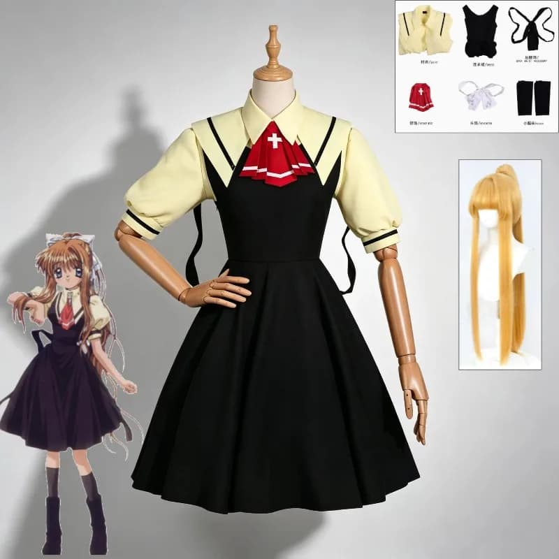 Costume Cosplay Anime AIR Misuzu Kamio, Abito da Studentessa con Gonna Plissettata, Calze al Ginocchio e Scarpe Converse Estive, Accessori per Cosplay