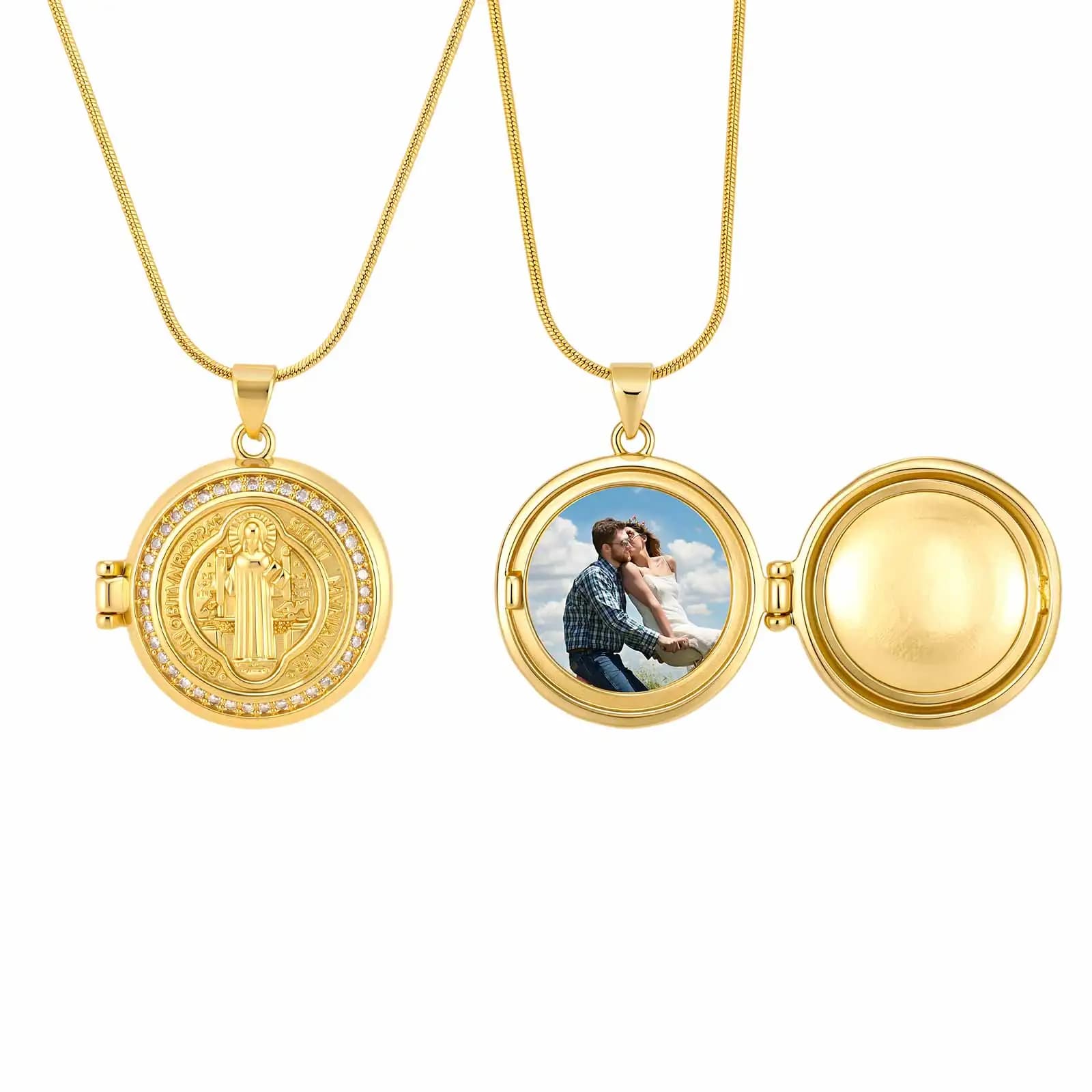 Collana Personalizzata con Foto, Medaglia di San Benedetto e Madonna, Ciondolo Apribile, Gioiello Protettivo per Donne