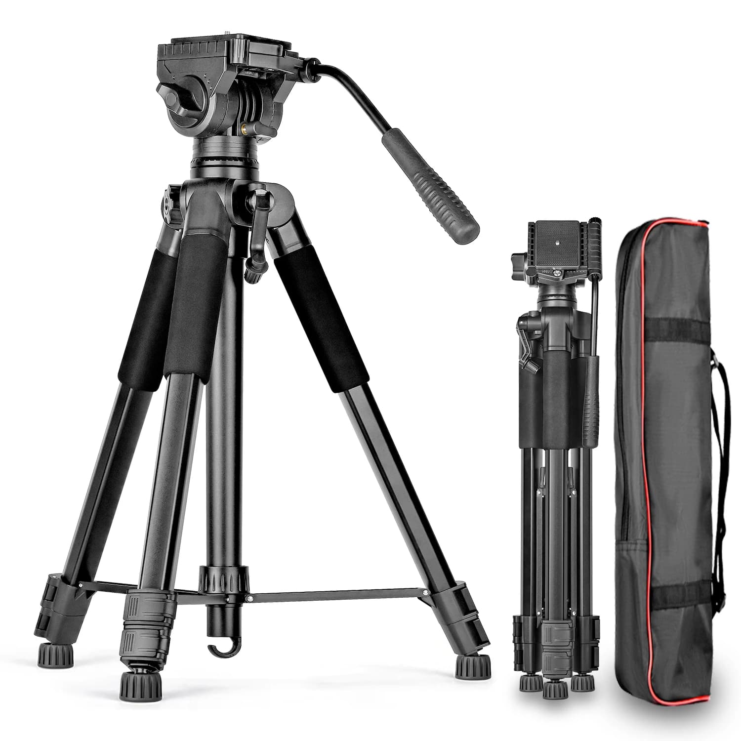 Video tripod, 175 cm/68,9" resistant tripod with 360 degree fluid head and quick release plate for DSLR, camera, cameras
