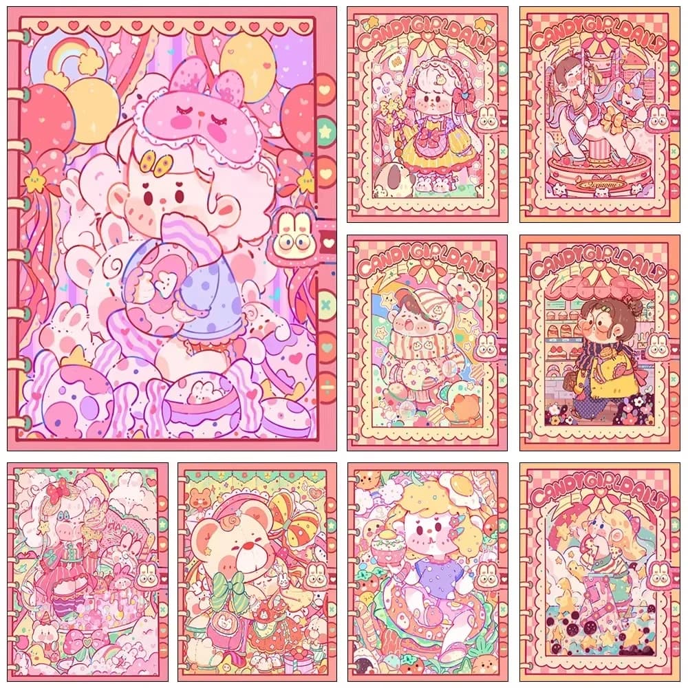 Kit Pittura Diamante 5D Fai da Te, Mosaico Diamantato Rotondo Completo, Ricamo a Punto Croce con Cartone Animato Anime e Ragazza Carina, Set Artistico per Decorazione Casa e Regalo