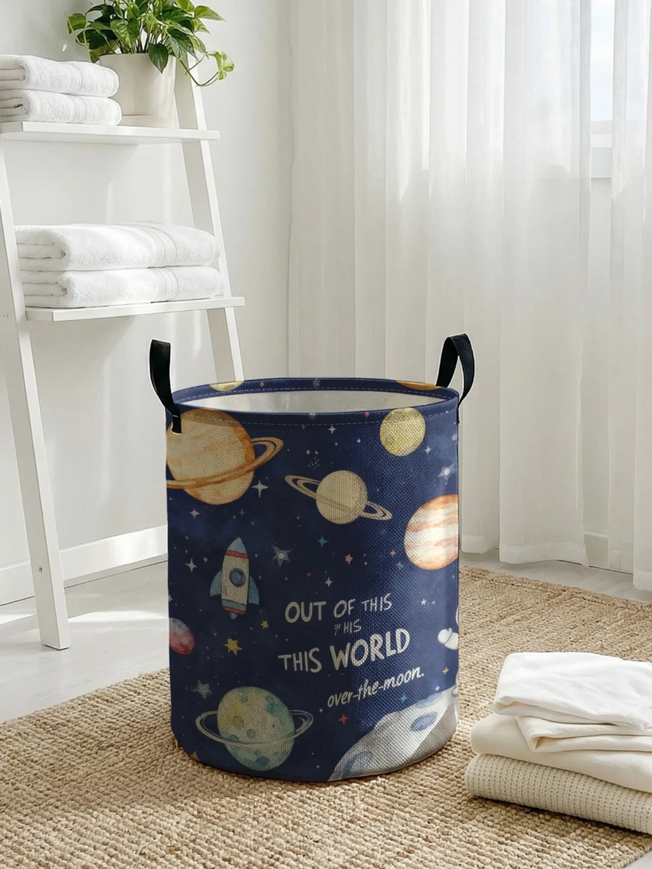 Space Astronaut Planet Print Foldable Large-Capacity Storage Basket, for Kids' Toys and Clothes, Home & Bathroom Laundry Use