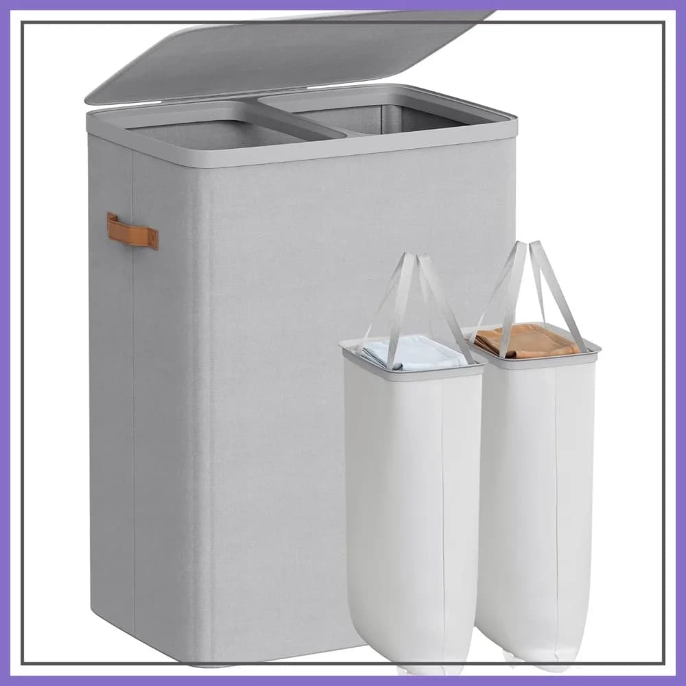 Cesto per Bucato Grande da 170 Litri, 2 Scomparti con Coperchio, Sacchi Rimovibili, Facile Montaggio, 56x40x75 cm, Grigio