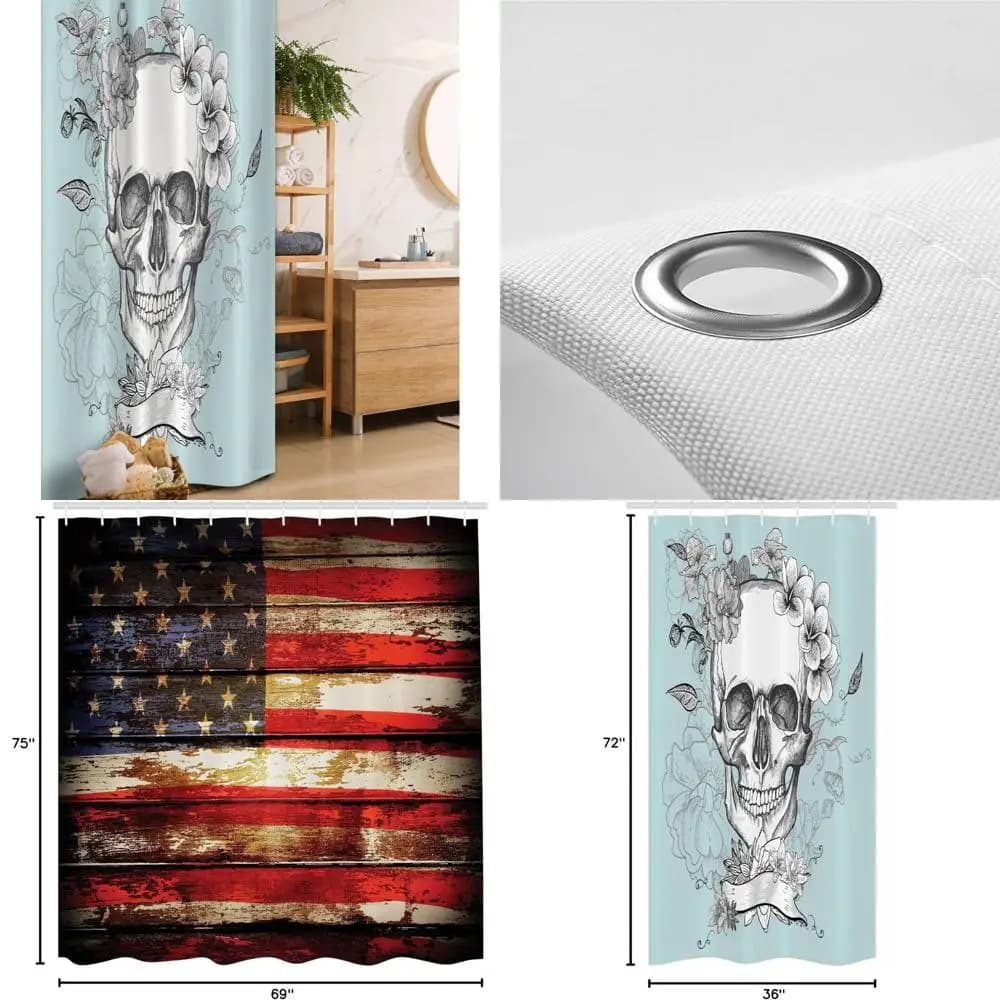 Tenda da doccia con teschio e fiori del giorno dei morti, stile tradizionale di arte messicana, stampa grunge, accessorio da bagno in tessuto