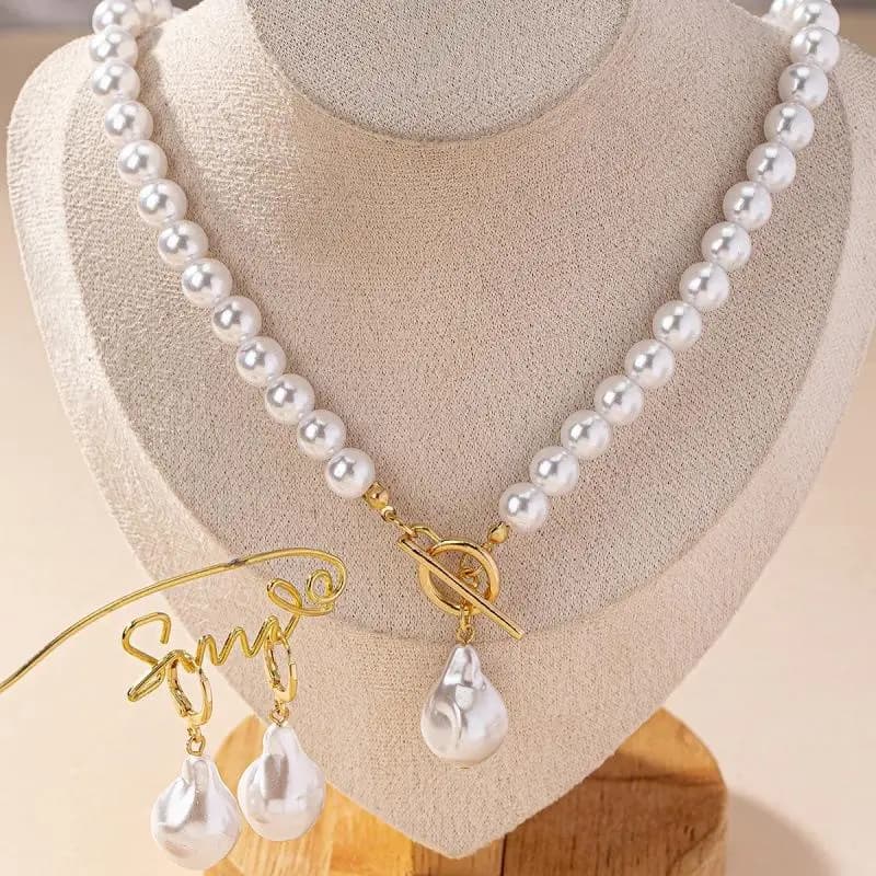 Elegant Women Necklace Set Bridal Beaded Faux Pearls with Stud Earrings for Weddings