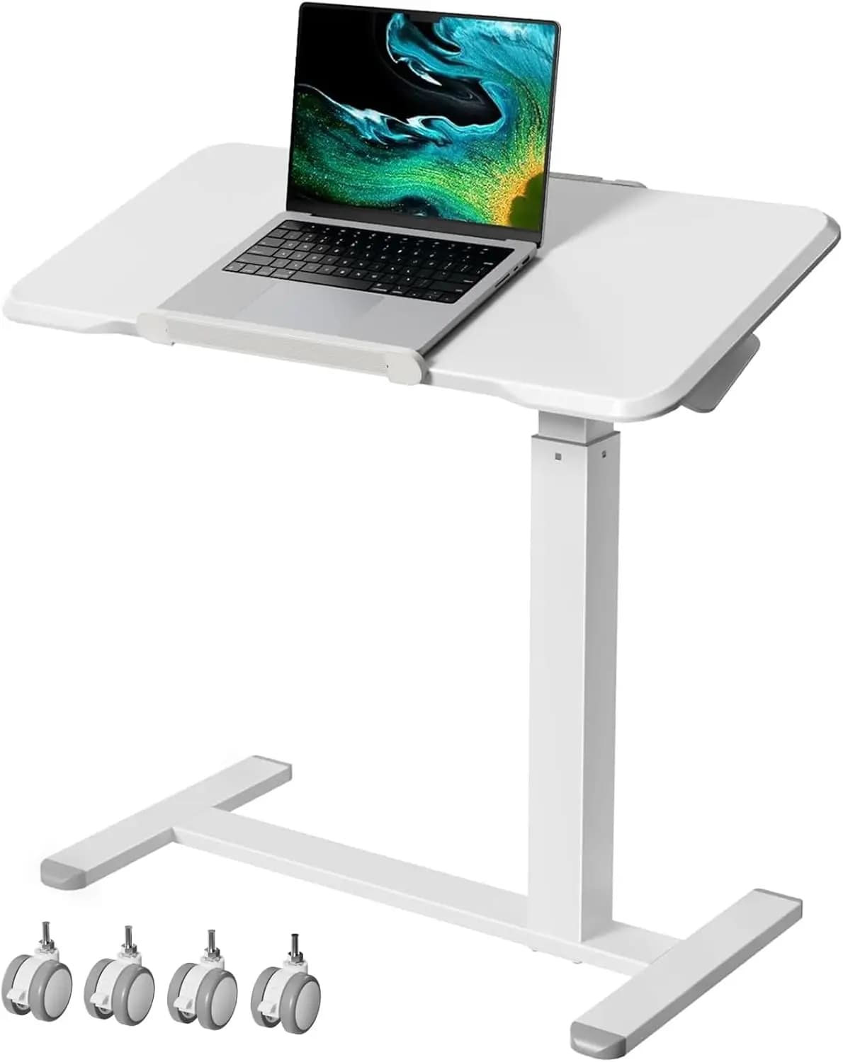 Scrivania per laptop con ruote da 32 pollici con rotazione a 180° ° Scrivania Regolabile in Altezza e Inclinazione, Tavolino da Comodino Mobile con Ruote Bloccabili, Bianco