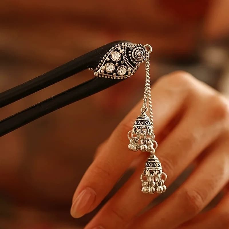 Chinese Style U Shaped Sandalwood Hair Stick Vintage Rhinestone Bell Tassel Hairpin Tibetan Style Hair Accessory For Women Hanfu