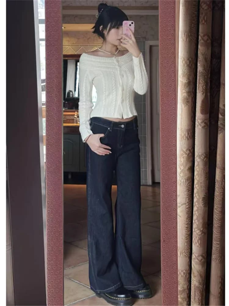 Jeans a Zampa d'Elefante a Vita Bassa Blu per Donna, Pantaloni Larghi alla Moda per Primavera e Autunno, Casual ed Eleganti