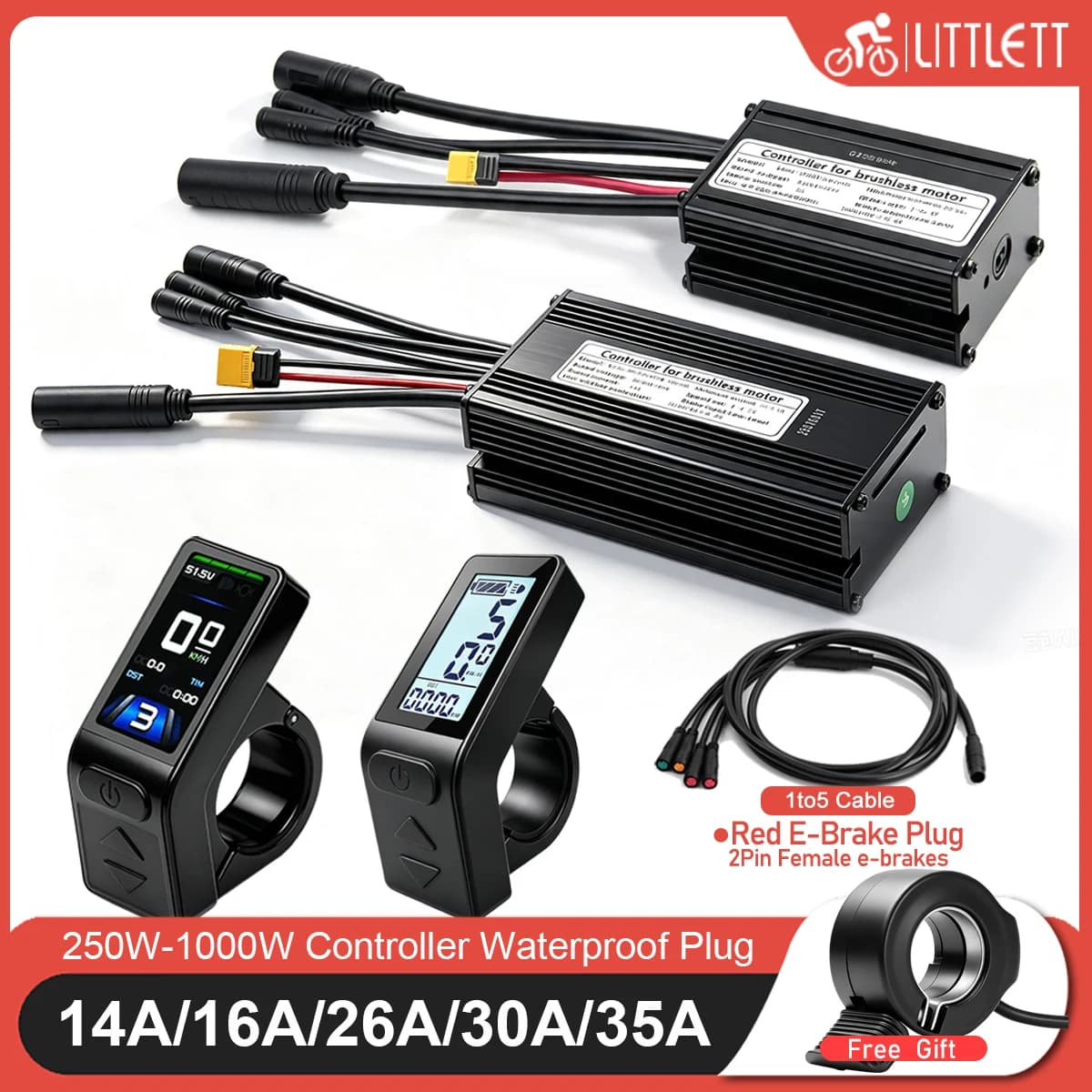 Ebike KT SineWave Controller 36V48V Waterproof Brushless 250W-1500W 1T5 2pin Female with Light Function For Electric Bike Kit