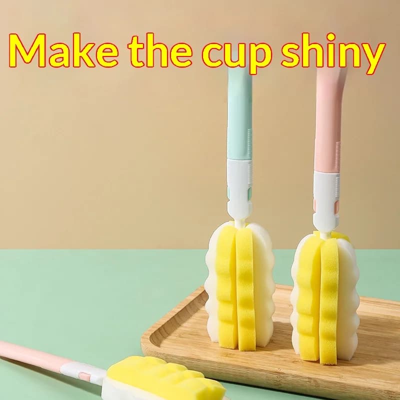 Long Handle Sponge Bottle Brush Detachable Cup Cleaner Scrubber Removable Sponge Head Cleaning Brush For Baby Bottle Water Cup