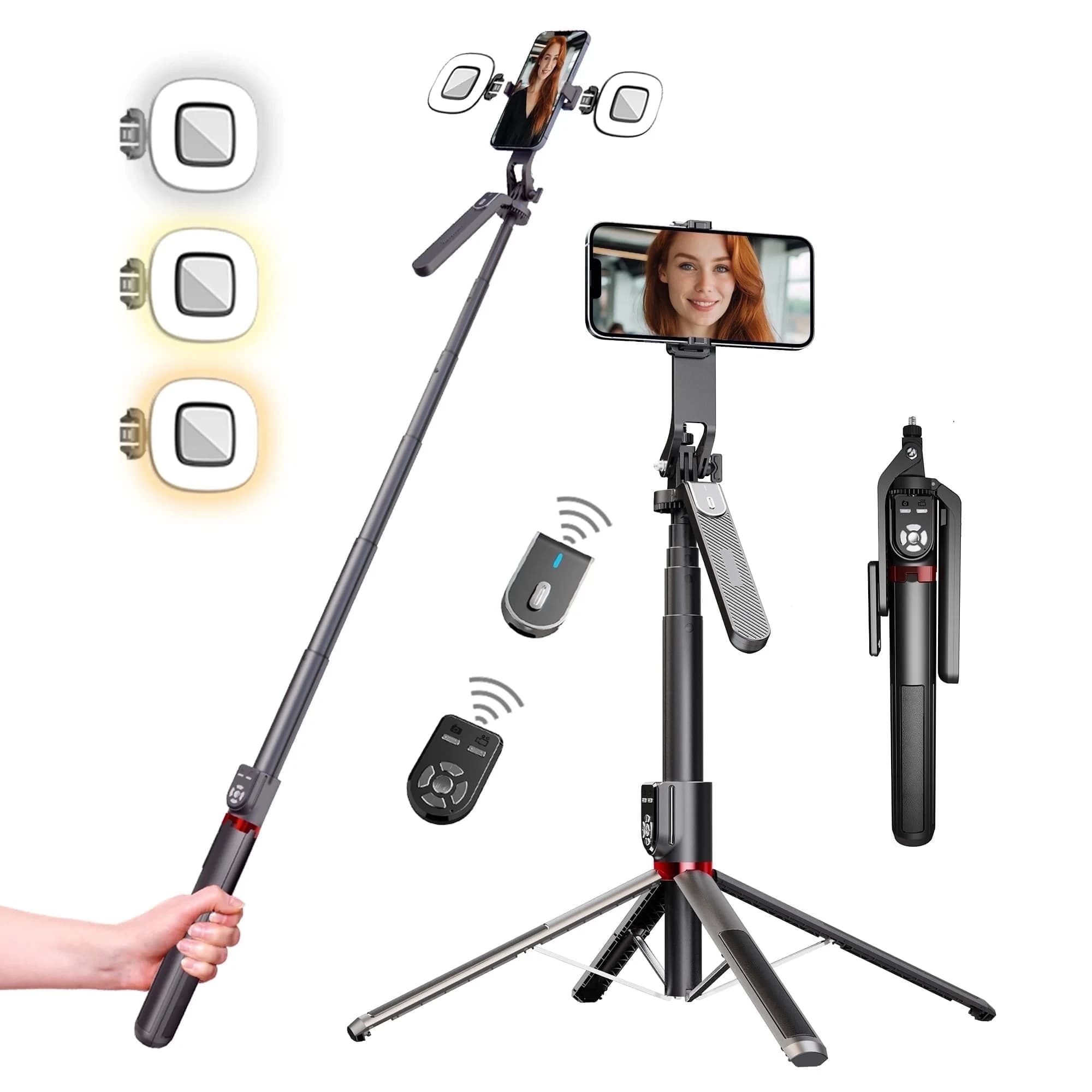 360 ° Selfie Stick with Rotating and Tripod Quadppiede for Cell Phone Extended by 2.2 m with Wireless Bluetooth Remote Control for Live Stream