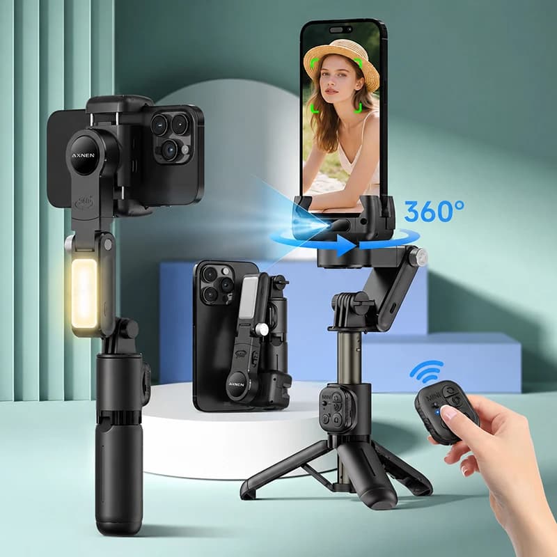 Q19 AI Desktop Gimbal Extendable Selfie Stick Tripod with Fill Light Remote, 360° Rotation Shooting for Cellphone Travel Vlog