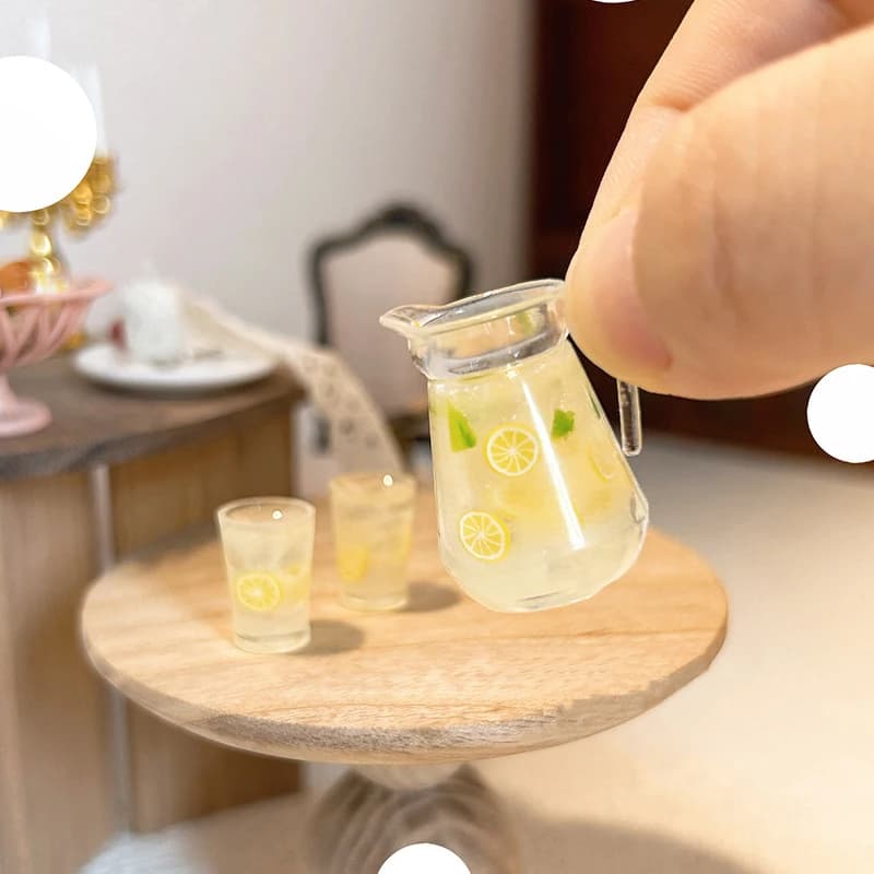 (HB05)1:12 Dollhouse Miniature Lemon Juice Jug Cup Set Model Doll Drink Decor Toy Doll House Mini Kitchen Scene Ornament